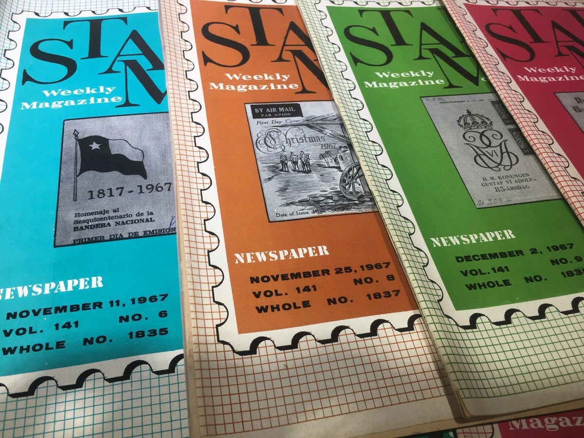 Vintage HTF Stamps Weekly Magazines from 1967 displayed with unique cover art, ideal for collectors and enthusiasts.