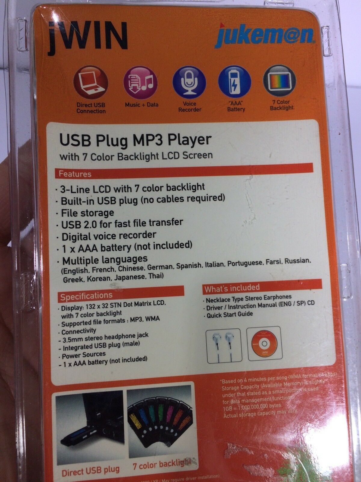 Jukeman USB Plug MP3 Player with 7 Color Backlight LCD Screen 2 GB JWIN JX-MP102