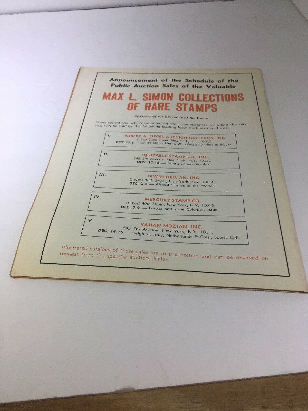 Announcement of public auction sales for the Max L. Simon collections of rare stamps, part of the Lot of 4 Vintage HTF Stamps Weekly Magazines from 1965.