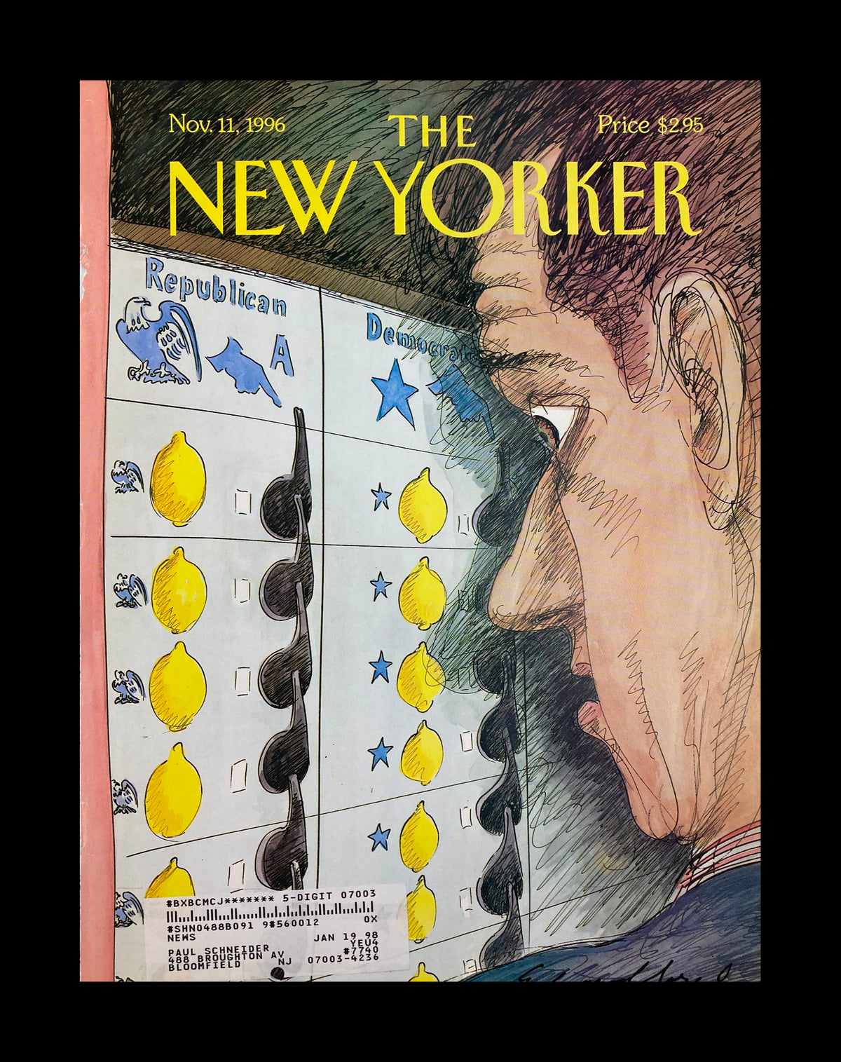 Cover only of The New Yorker from November 11, 1996, featuring the artwork 'The Same Coin' by E. Sorel, illustrating American political themes with a creative depiction of Democratic and Republican symbols.