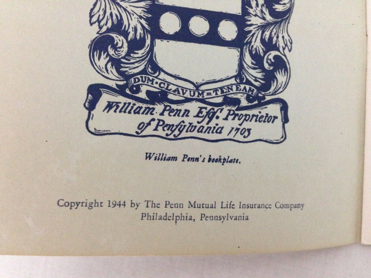 Bookplate detail from the 1944 booklet 'Your Friend, William Penn' displaying a coat of arms and copyright information from the Penn Mutual Life Insurance Company.
