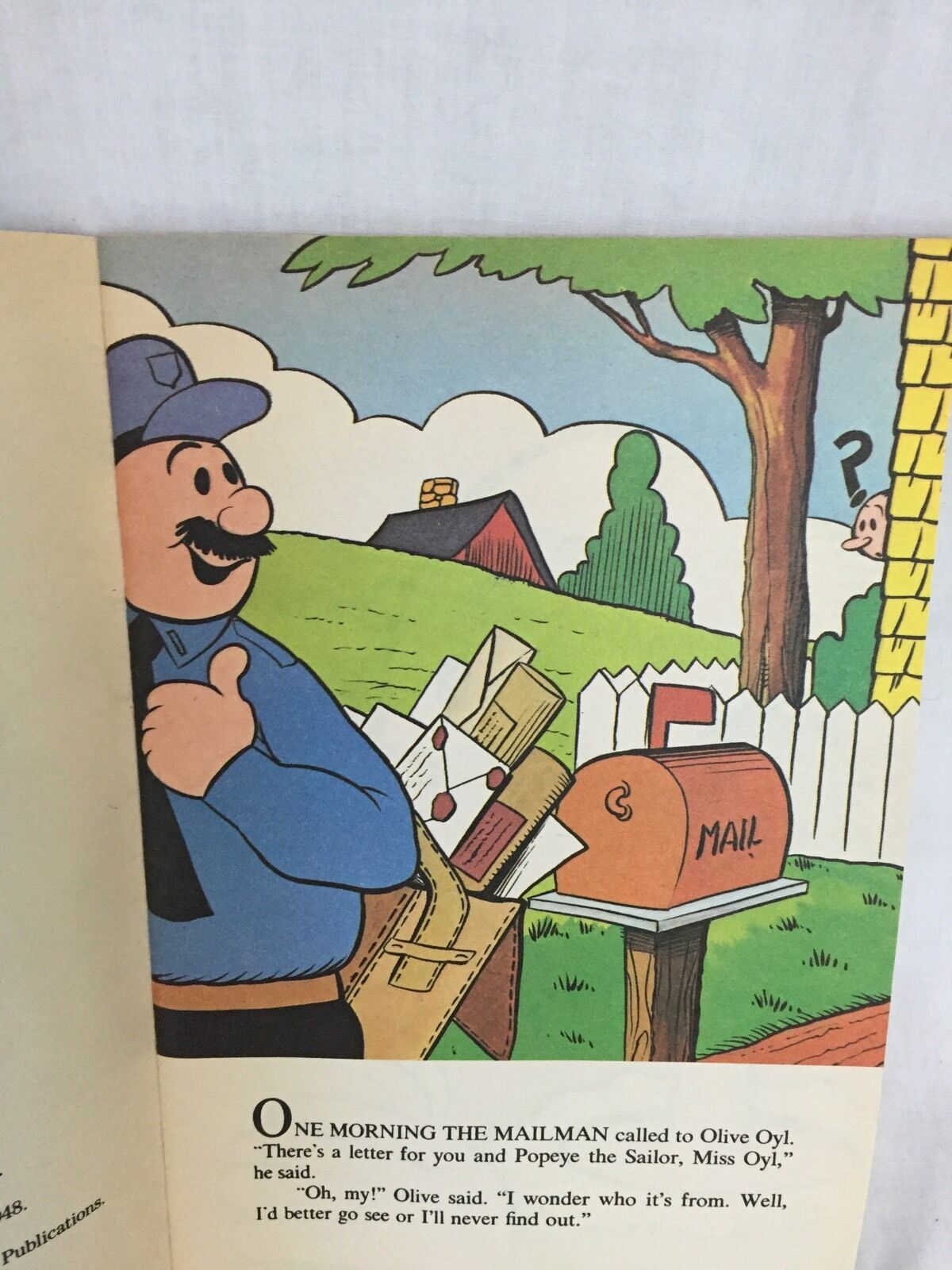 Illustrated page from the VTG 1980 'Popeye and the Haunted House' paperback book featuring a scene with the mailman and character Olive Oyl.
