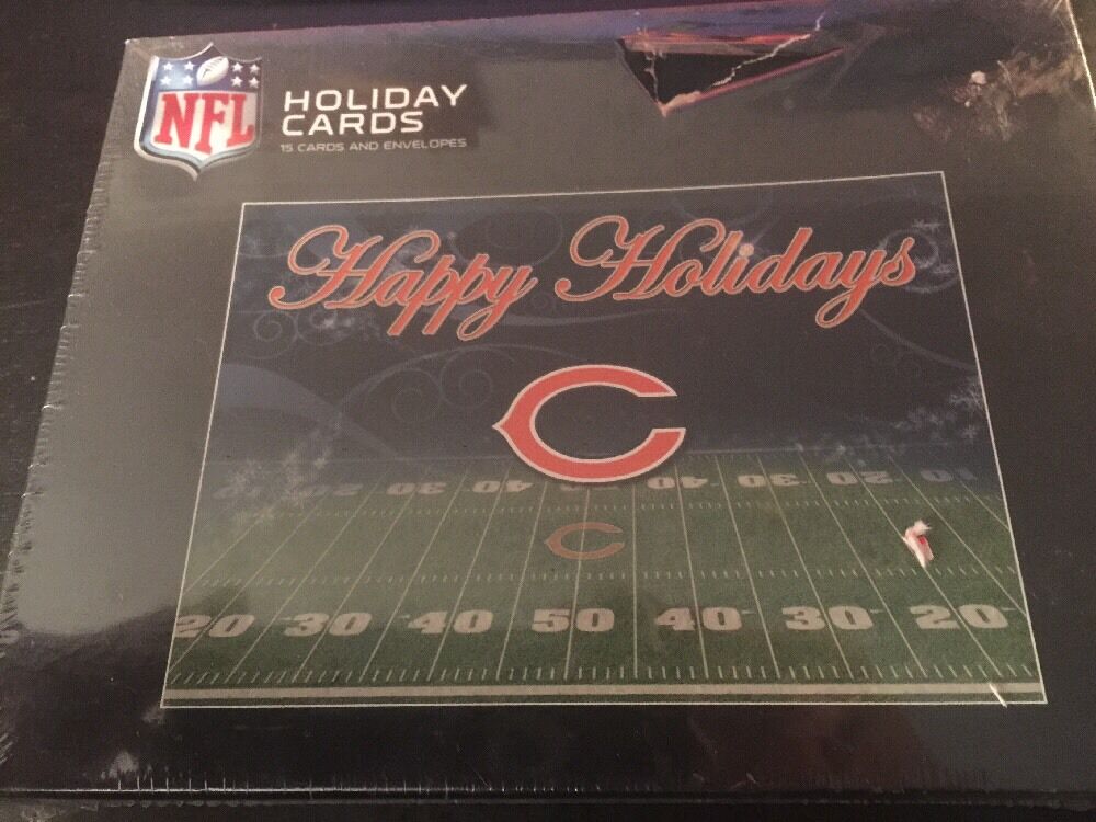 Chicago Bears Holiday Cards Box Of 15 featuring a festive design that reads 'Happy Holidays' on a football field background. Perfect for Bears fans.