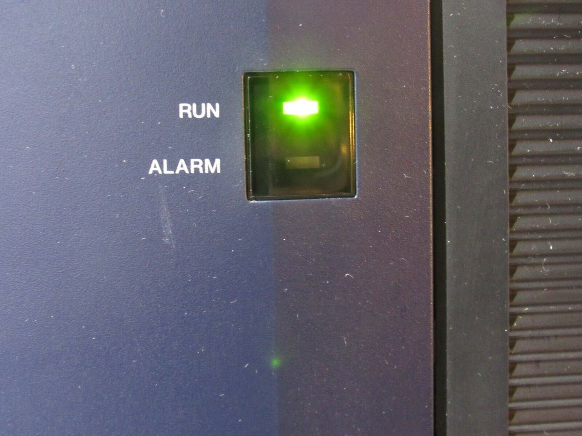 Close-up view of the PANASONIC KX-TDA50 Hybrid IP-PBX Voicemail Processing System displaying RUN and ALARM indicator lights.