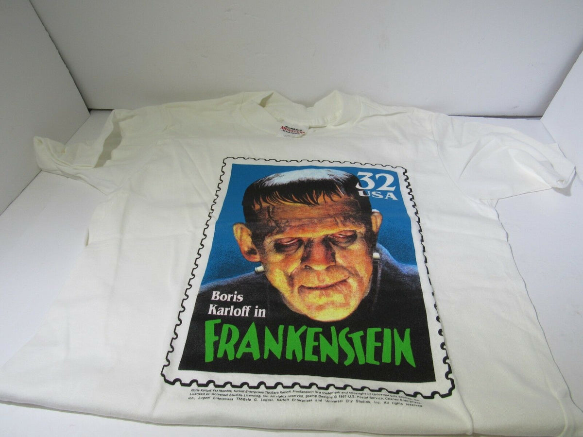 Frankenstein Shirt Youth L/XL NEW Tee featuring Boris Karloff's iconic portrayal, designed with a USPS stamp graphic. Perfect for fans of classic monsters.
