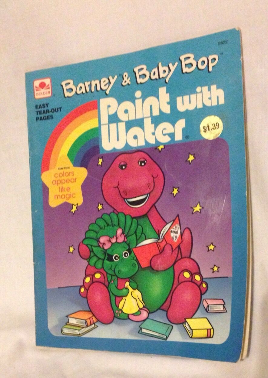 Vintage 1993 Barney & Baby Bop Paint with Water Activity Book featuring colorful illustrations of Barney and Baby Bop. The cover shows a rainbow and the text 'Paint with Water', reflecting nostalgic themes from the beloved children's show.