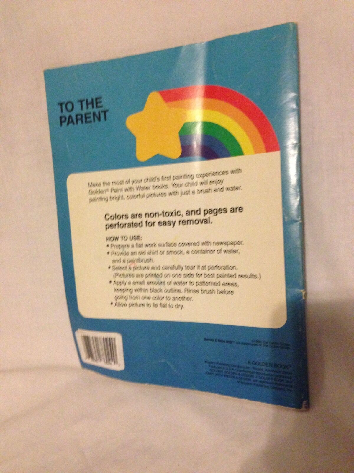 Back cover of the Vintage 1993 Barney & Baby Bop Paint with Water Activity Book, featuring instructions for parents on how to use the activity book.