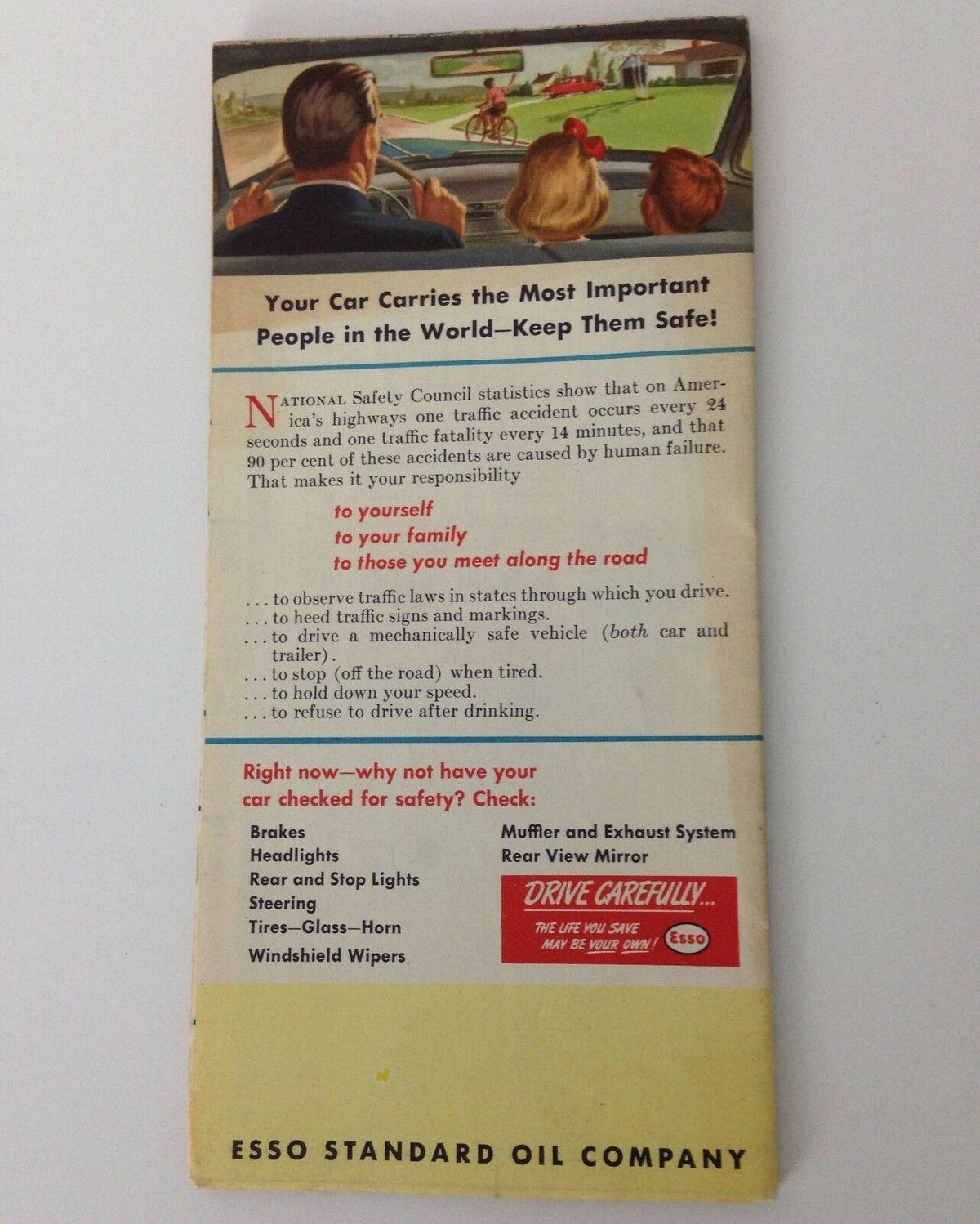 Back cover of the 1951 New Jersey Road Map from Esso Booklet Pamphlet detailing safety driving tips with an illustration of a car interior.