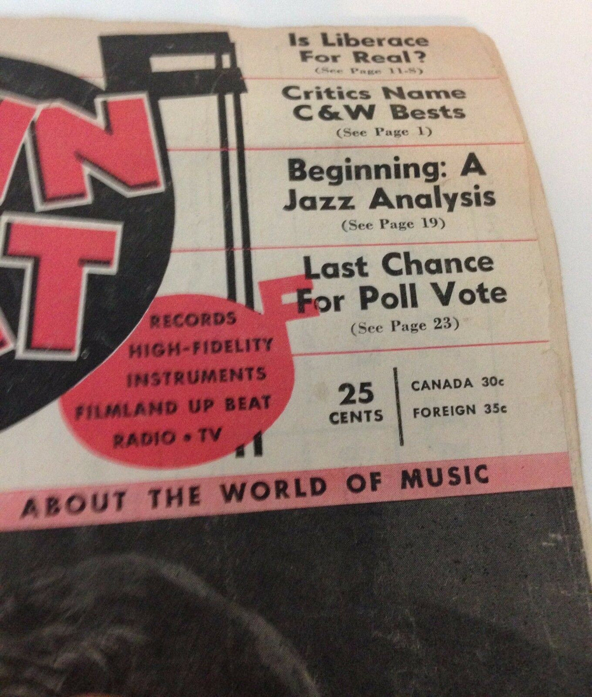 Close-up of the Down Beat Magazine cover details, including features and content highlights from the November 18, 1953 issue, reflecting the music scene of the time.