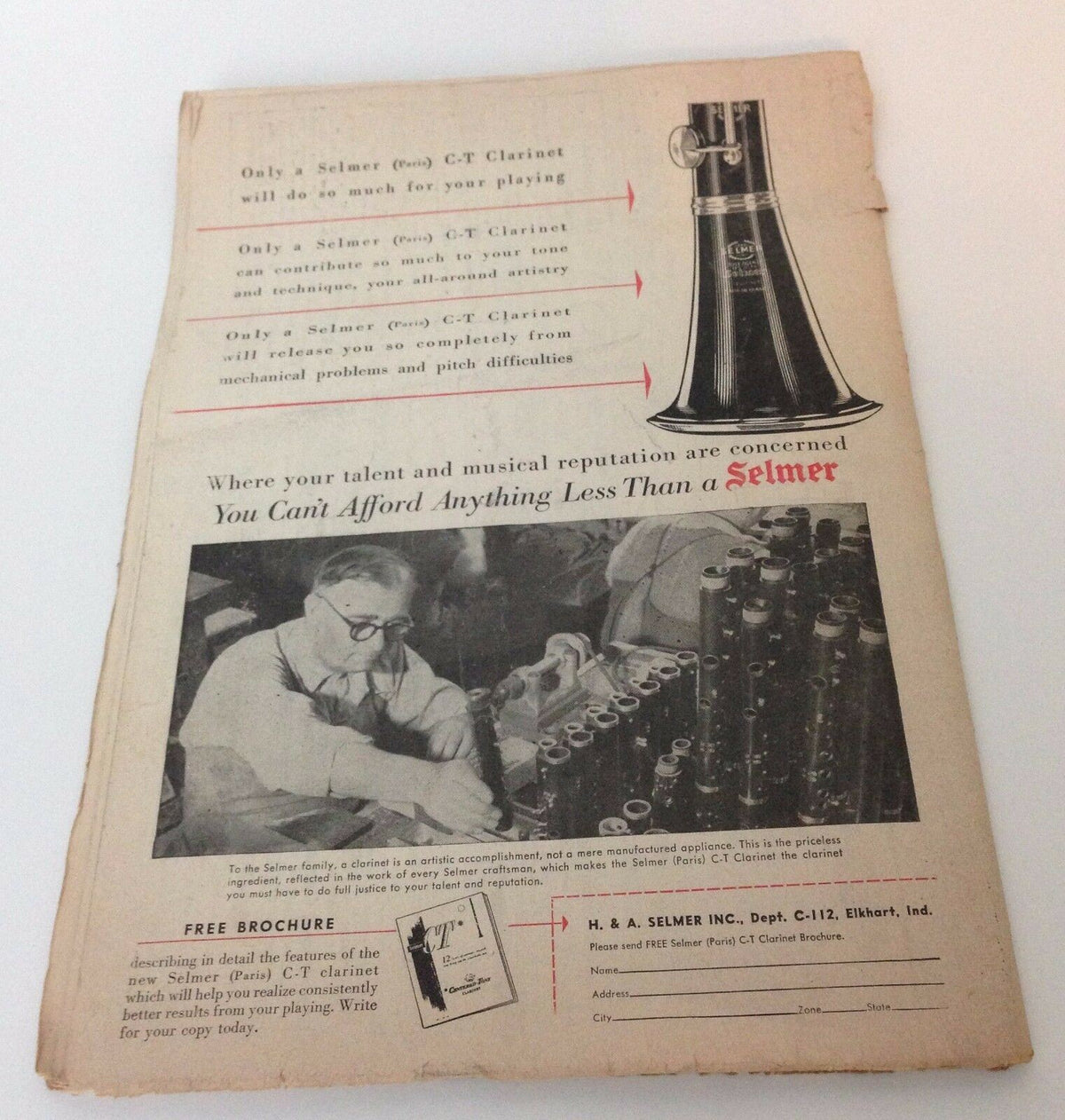 Advertisement for Selmer C.T. Clarinet in Down Beat Magazine from November 18, 1953, showcasing the importance of quality musical instruments, connected to the magazine featuring Guy Mitchell and Liberace.