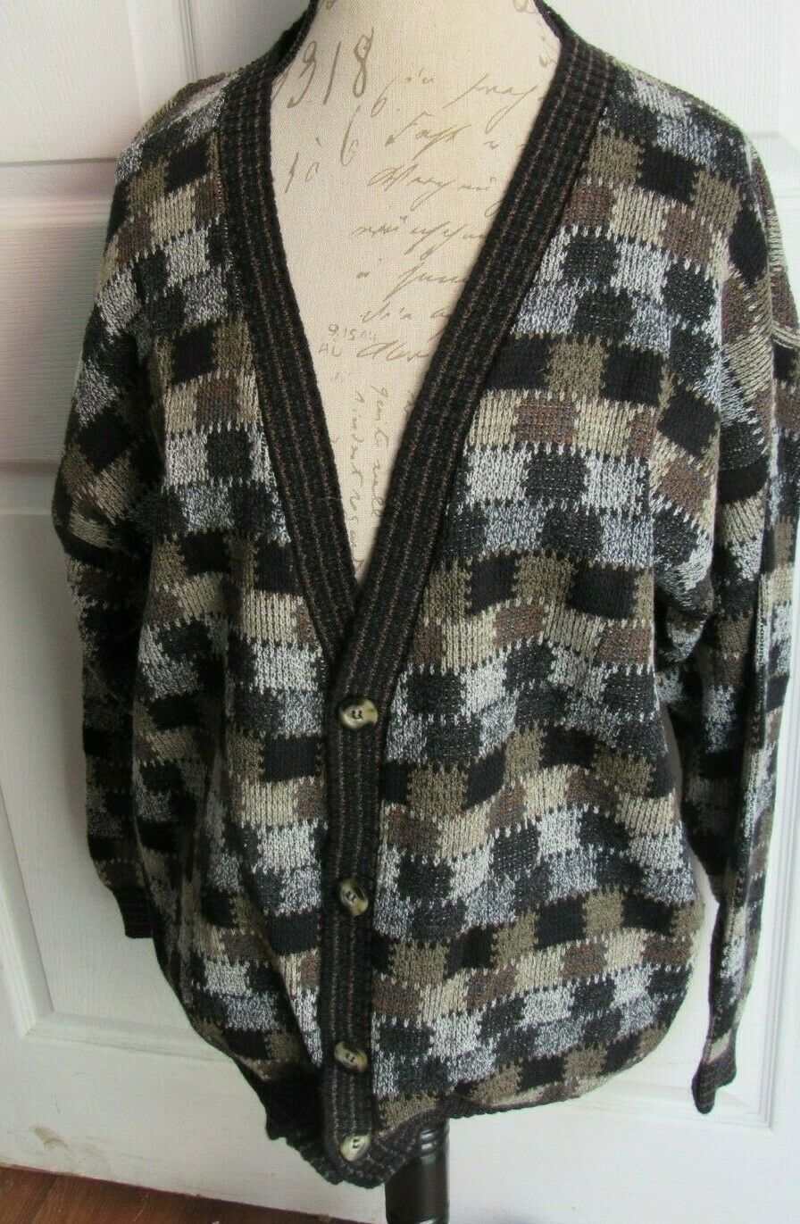 Vintage 1990s Protege Collection Cardigan Sweater in Checks Plaid pattern, size Large, featuring a combination of black and brown colors. The cardigan is displayed on a mannequin, highlighting its button closure and unique retro design.