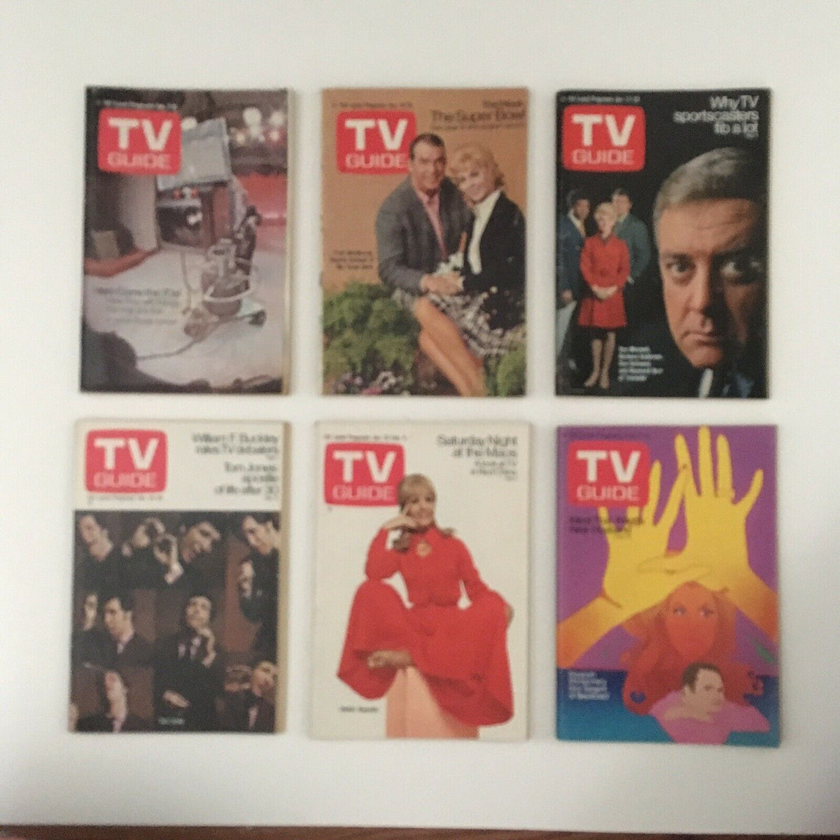 Collection of TV Guide magazine covers from the Complete Year Of TV Guide Magazines 1970, showcasing notable issues including articles and features that reflect the television landscape of the 1970s.