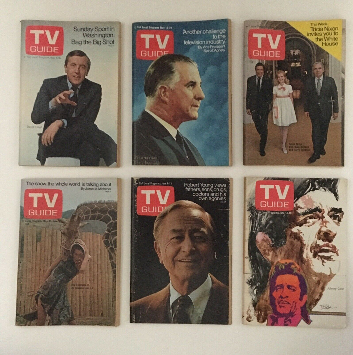 Historical TV Guide magazines from 1970 showcasing notable figures such as David Frost and Robert Young, part of the Complete Year Of TV Guide Magazines 1970 collection.