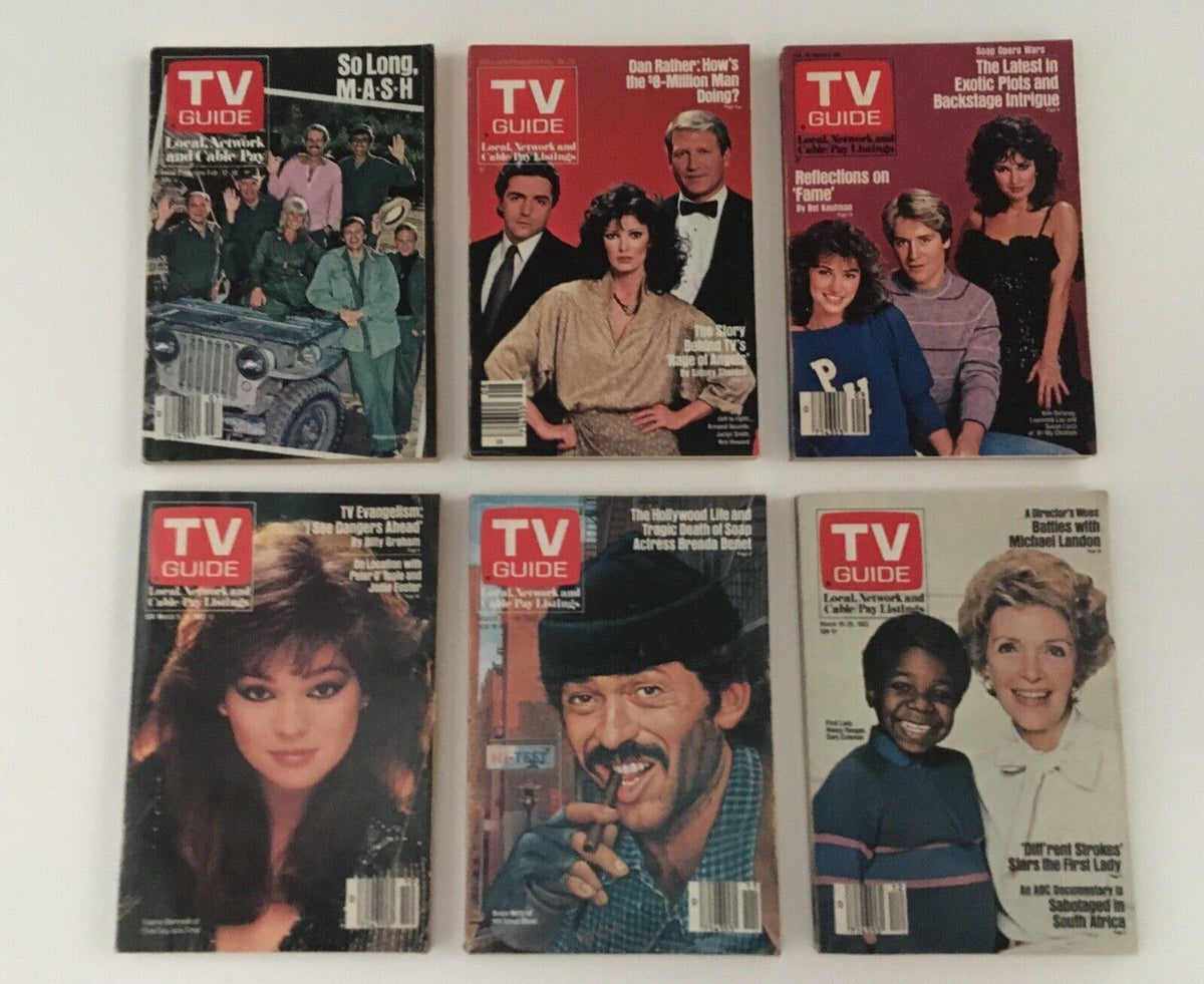 Complete Year Of TV Guide Magazines 1983, featuring six cover issues including 'So Long, M.A.S.H.' and 'Reflections on Fame' with various stars from the era.