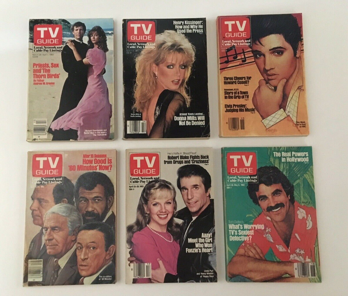 Complete Year Of TV Guide Magazines 1983, showcasing six additional covers highlighting notable shows and celebrities, such as 'Three Cheers for Howard Cosell' and 'Elvis Presley: Judging His Music'.