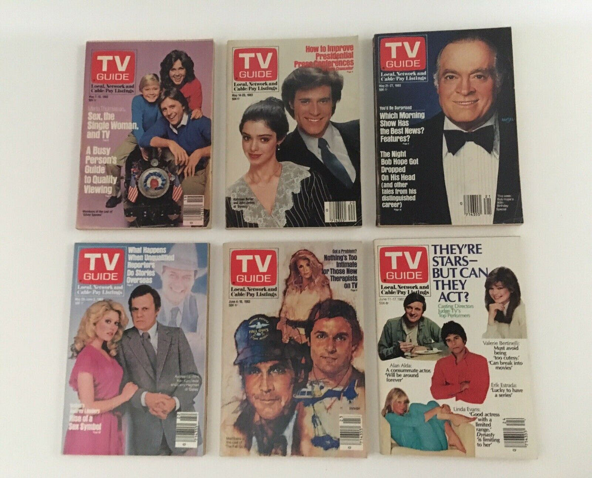 Complete Year Of TV Guide Magazines 1983, 52 Issues + Special Issue Fall Preview featuring several magazine covers showcasing popular TV stars and shows from that era, including notable articles and interviews.