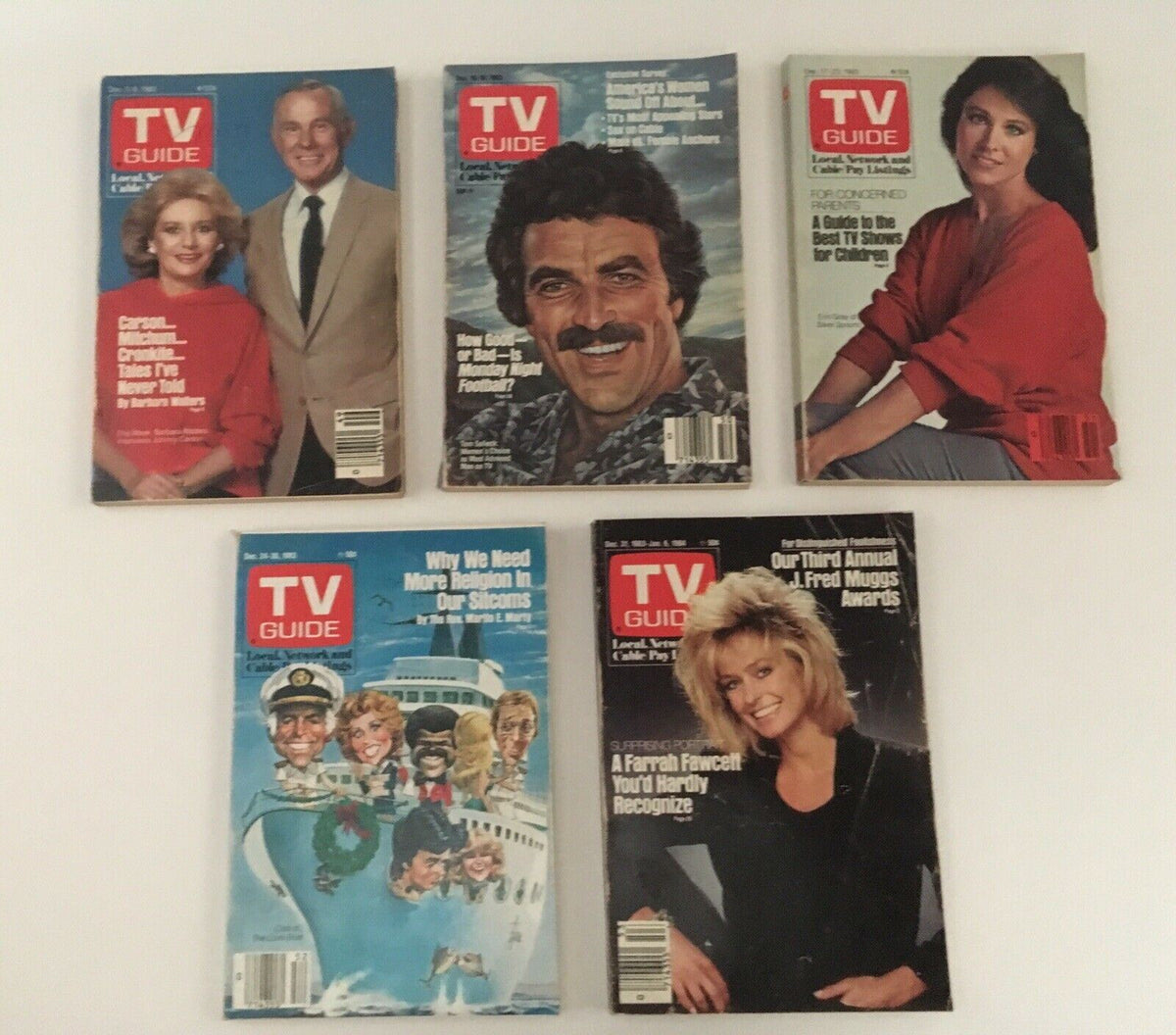 Complete Year Of TV Guide Magazines 1983 featuring five issues, including covers with various television personalities, showcasing highlights and articles from the year.