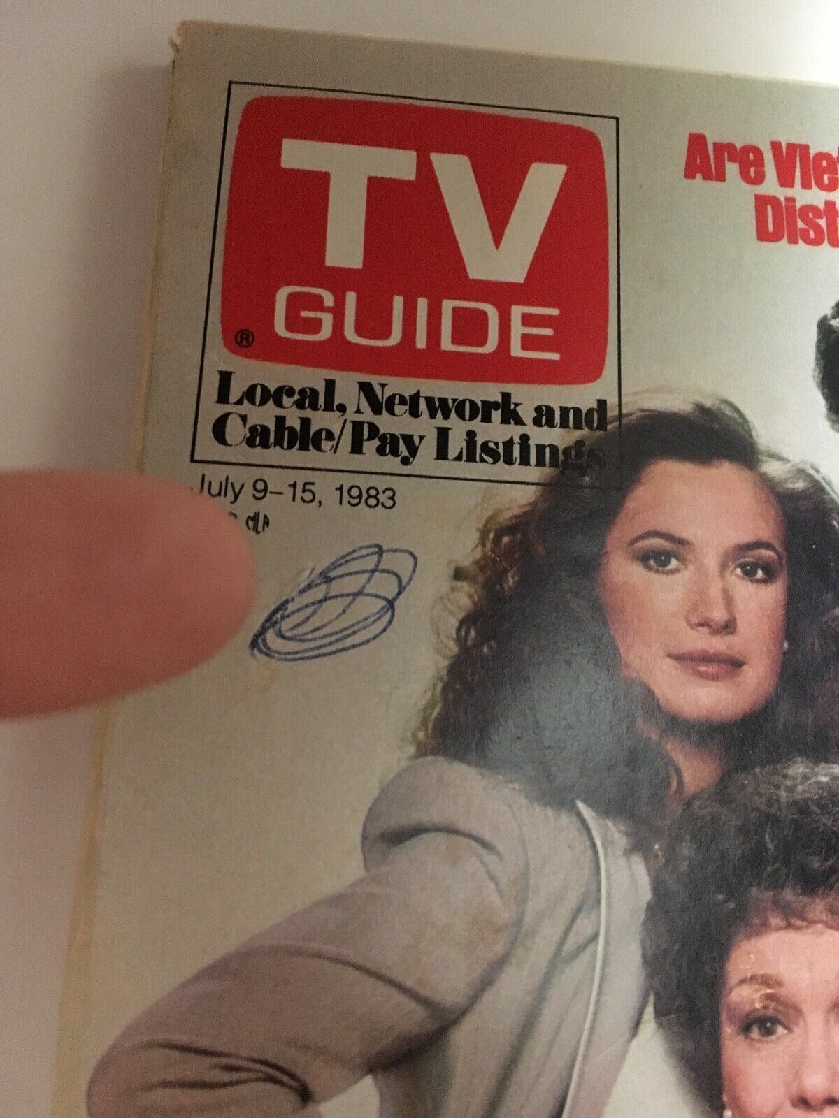Close-up of a TV Guide Magazine cover dated July 9-15, 1983, with a pen mark detail visible, highlighting the magazine's condition in a complete year collection.