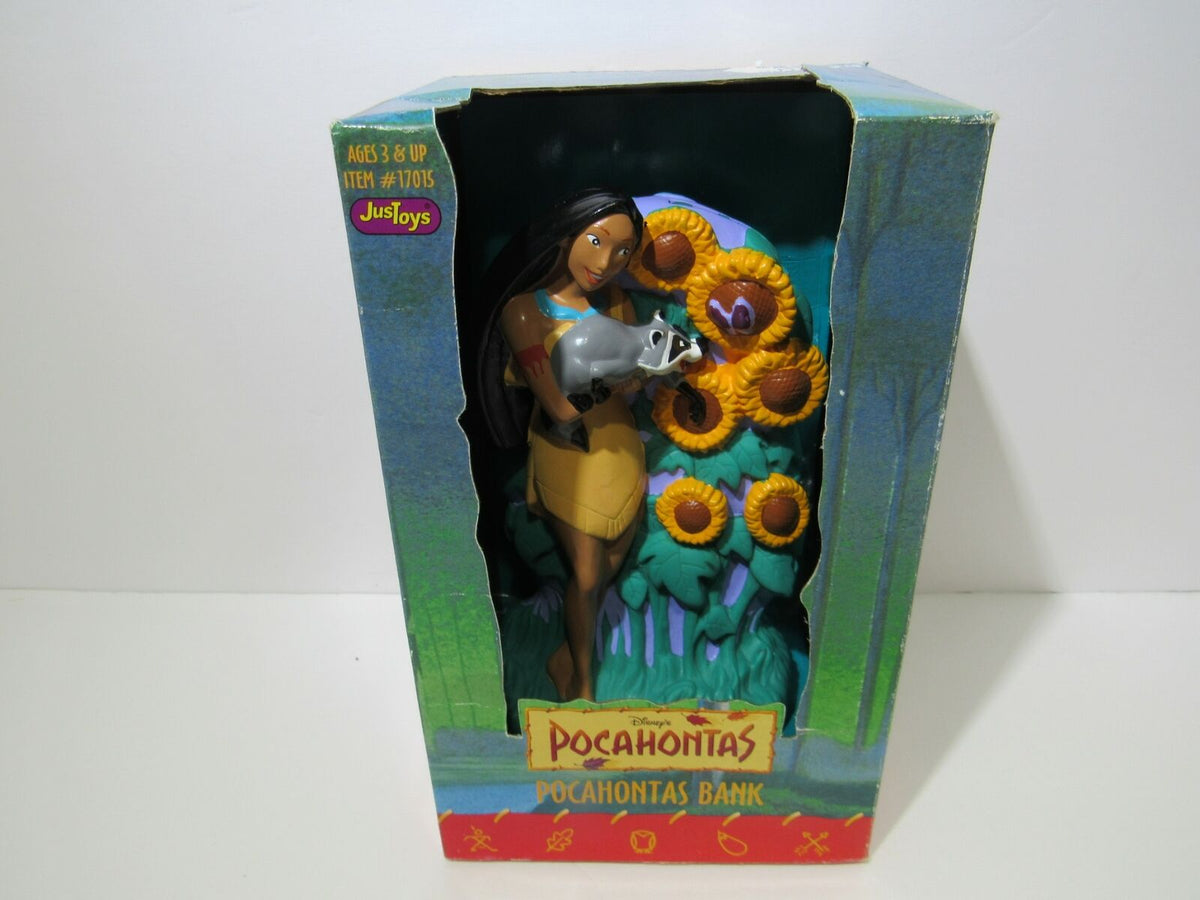 1995 Disney Pocahontas Bank featuring Pocahontas and Meeko in original packaging by Just Toys #17015, new in box.