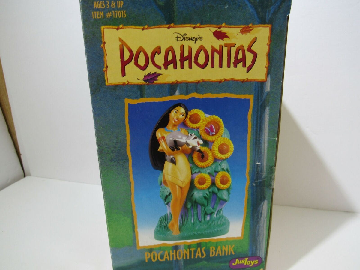 Front view of 1995 Disney Pocahontas Bank in the box, highlighting the characters Pocahontas and Meeko along with packaging details, item #17015.