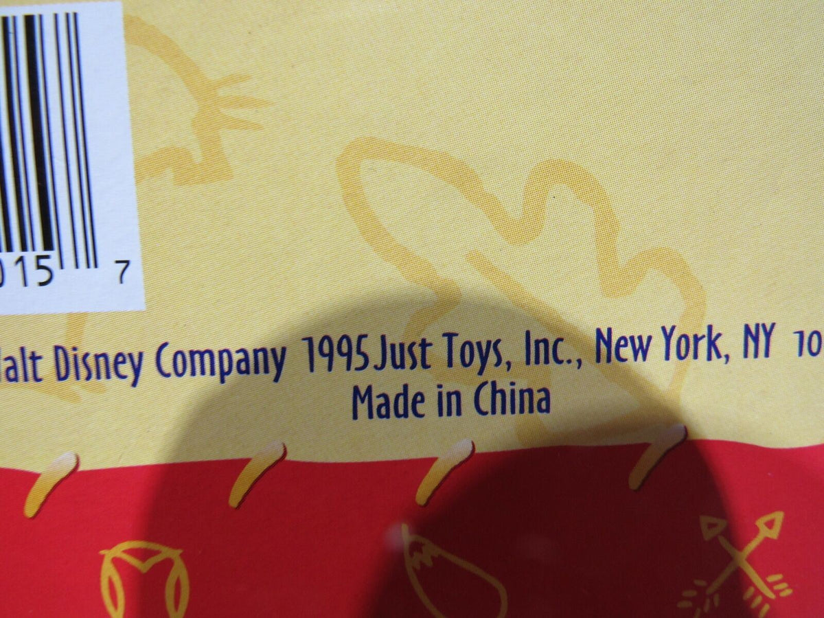 Back of the packaging for 1995 Disney Pocahontas Bank by Just Toys, displaying brand information and production details, item #17015.