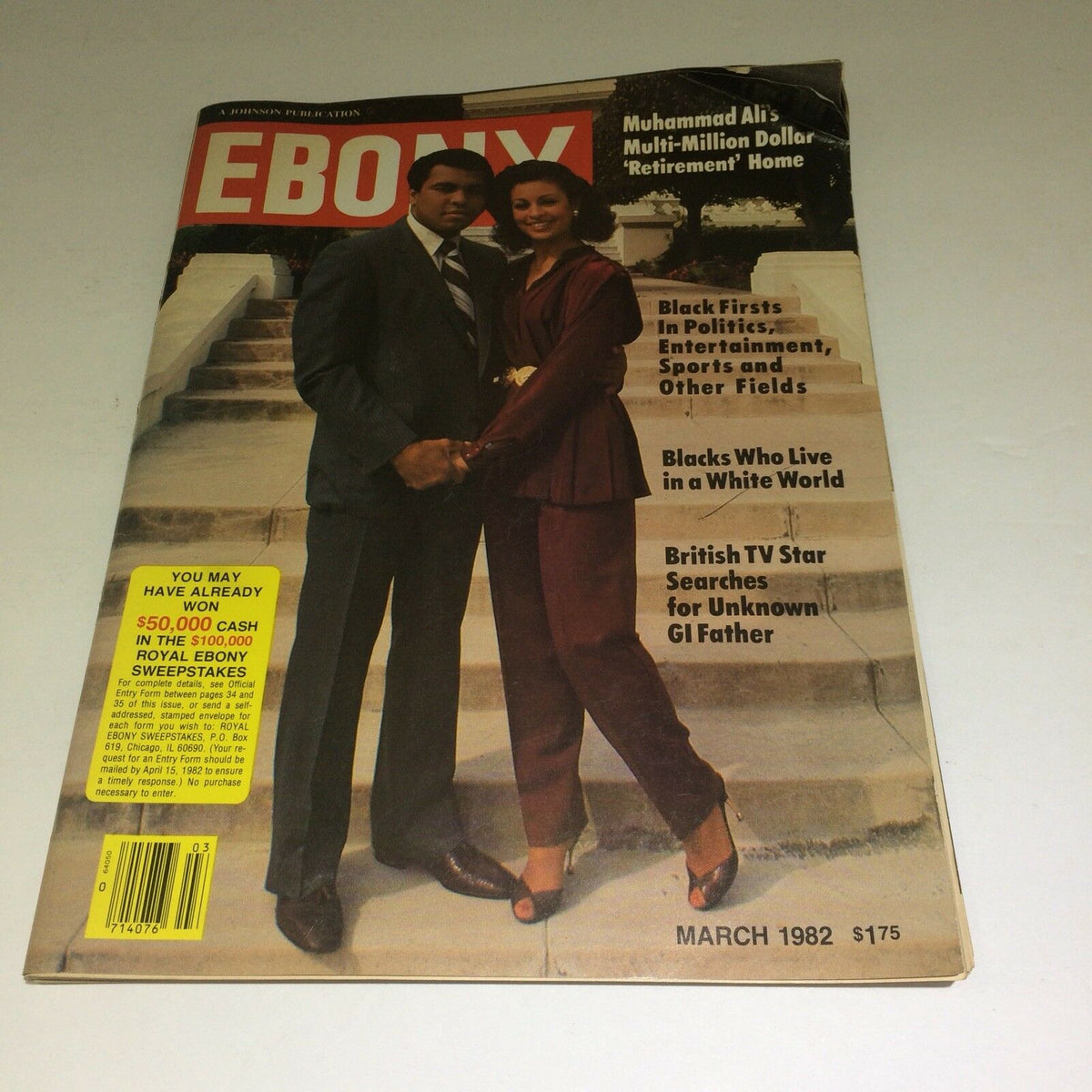 Cover of March 1982 Ebony Magazine featuring Muhammad Ali and a woman, showcasing the iconic sports figure's retirement home. Title: 1982 March Vintage Ebony Magazine 1982, Muhammad Ali, Black vtg.