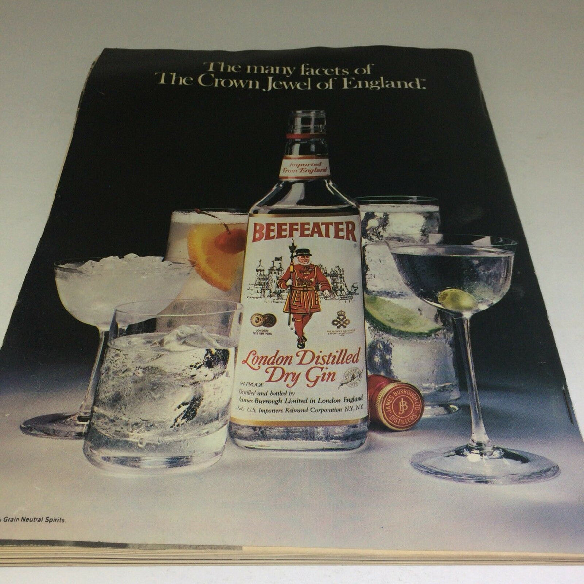 Back cover of the March 1982 Ebony Magazine featuring an advertisement for Beefeater London Distilled Dry Gin amongst cocktail glasses. Title: 1982 March Vintage Ebony Magazine 1982, Muhammad Ali, Black vtg.