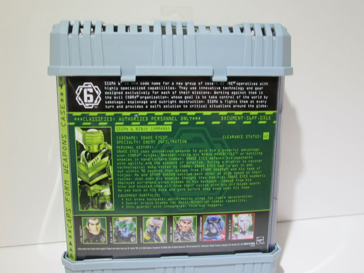 Back view of the G.I. Joe Sigma 6 Snake Eyes Ninja Armor 8 Inch Commando packaging detailing classified information and clearance status.