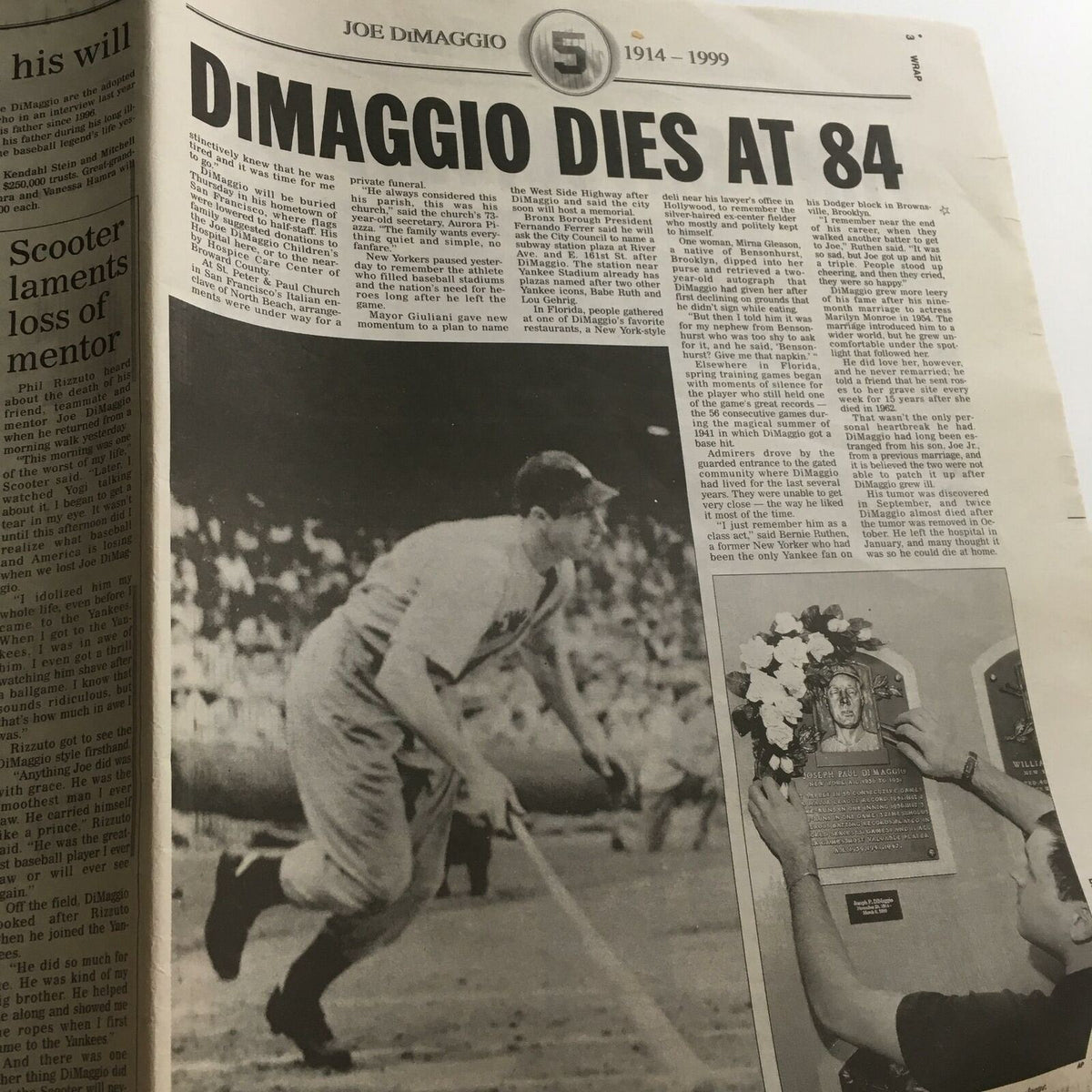 An article titled 'DIMAGGIO DIES AT 84' from the NY Daily News, detailing the life and impact of Joe Dimaggio, part of the farewell coverage on March 9, 1999, for 'Farewell Yankee Clipper Joe Dimaggio 1914-1999.'