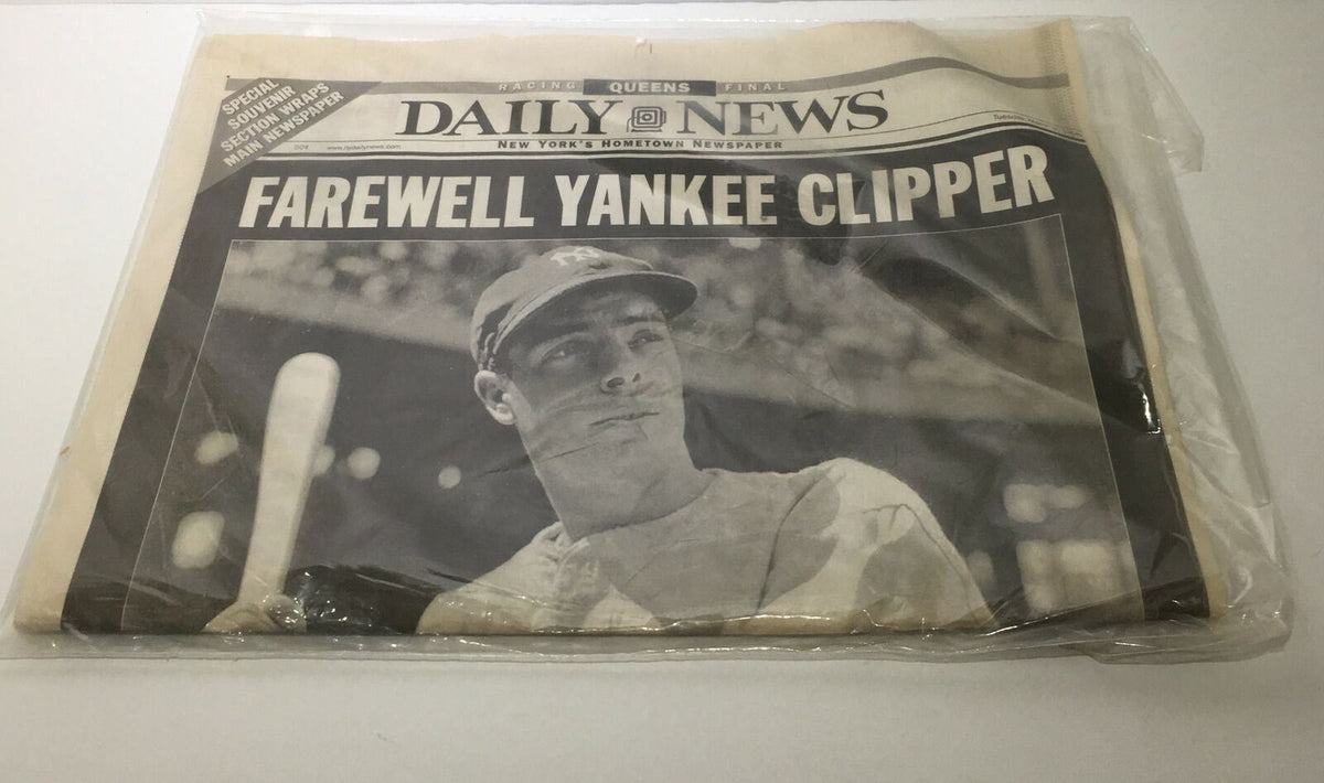 Front page of the NY Daily News newspaper labeled 'FAREWELL YANKEE CLIPPER,' featuring a tribute to Joe Dimaggio, dated March 9, 1999, as part of the farewell coverage 'Farewell Yankee Clipper Joe Dimaggio 1914-1999.'