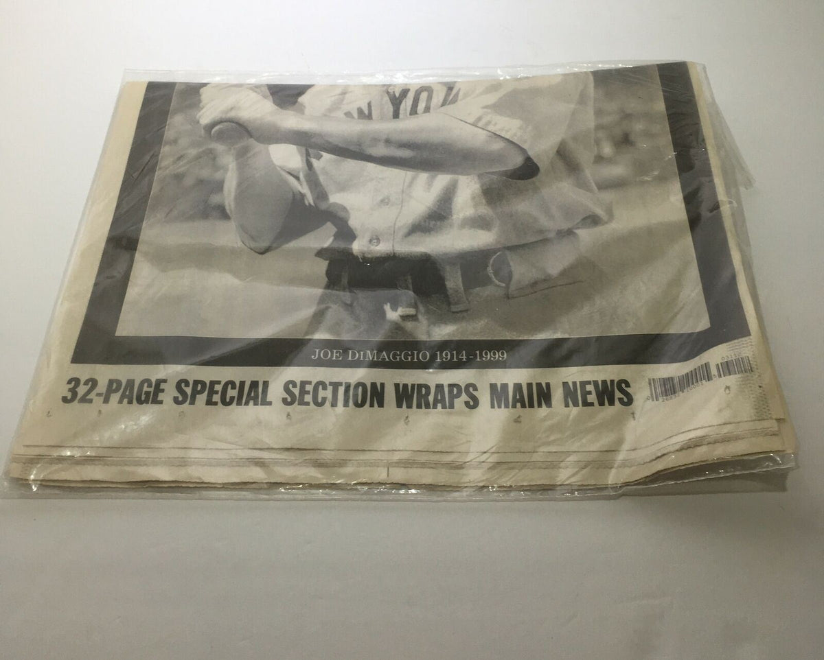 NY Daily News paper showcasing '32-PAGE SPECIAL SECTION WRAPS MAIN NEWS,' honoring Joe Dimaggio's legacy, dated March 9, 1999 as part of the farewell tribute 'Farewell Yankee Clipper Joe Dimaggio 1914-1999.'