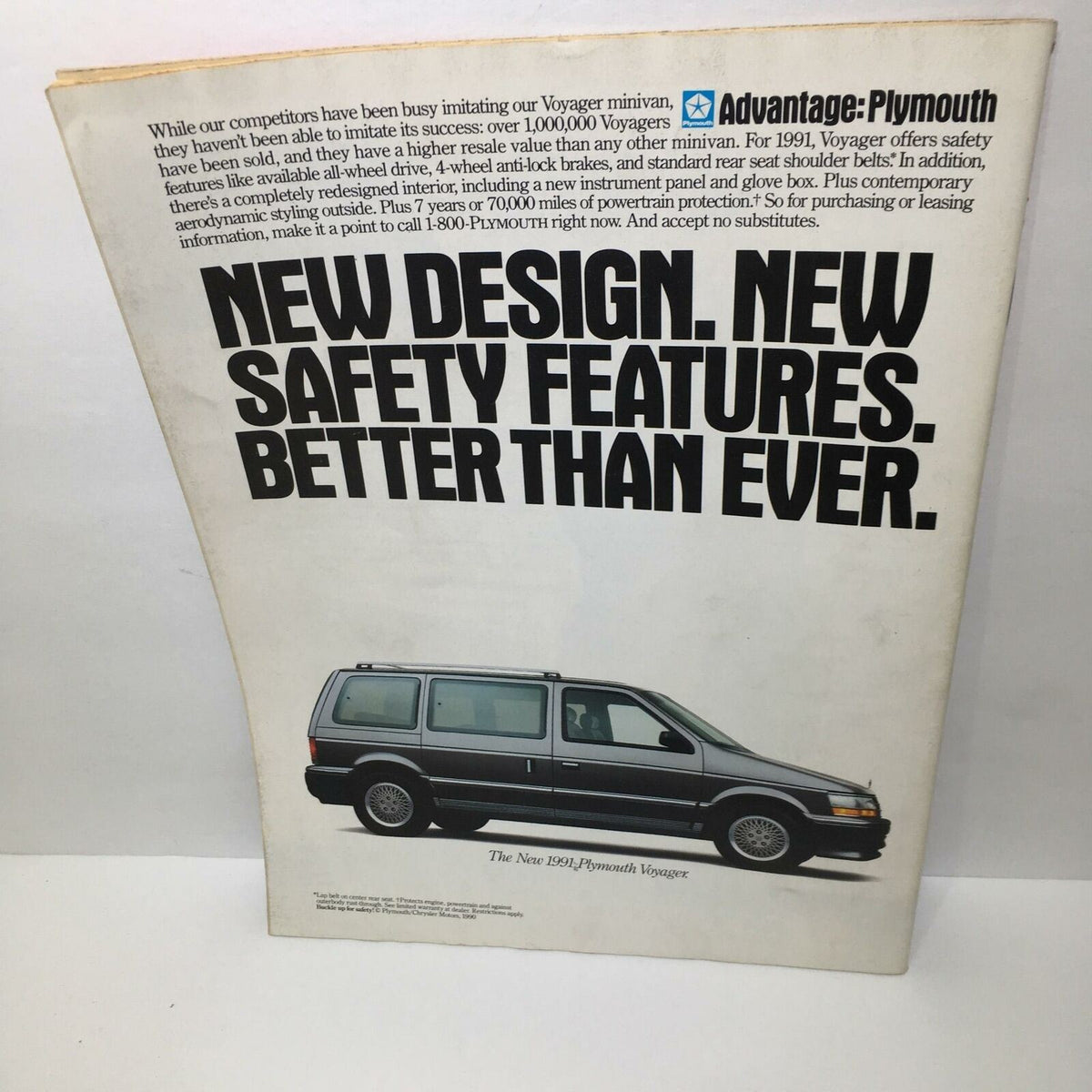 Advertisement page for the 1991 Plymouth Voyager, showcasing new safety features and design, from the January 7, 1991 Time Magazine issue.