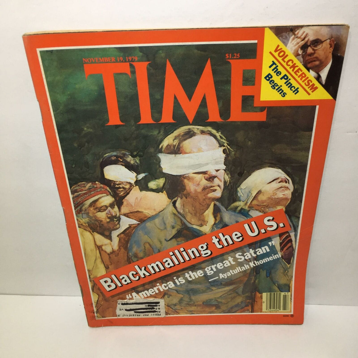 Time Magazine cover from November 19, 1979, featuring the headline 'Blackmailing the U.S: Ayatullah Khomeini' with a vivid artistic depiction of hostages.