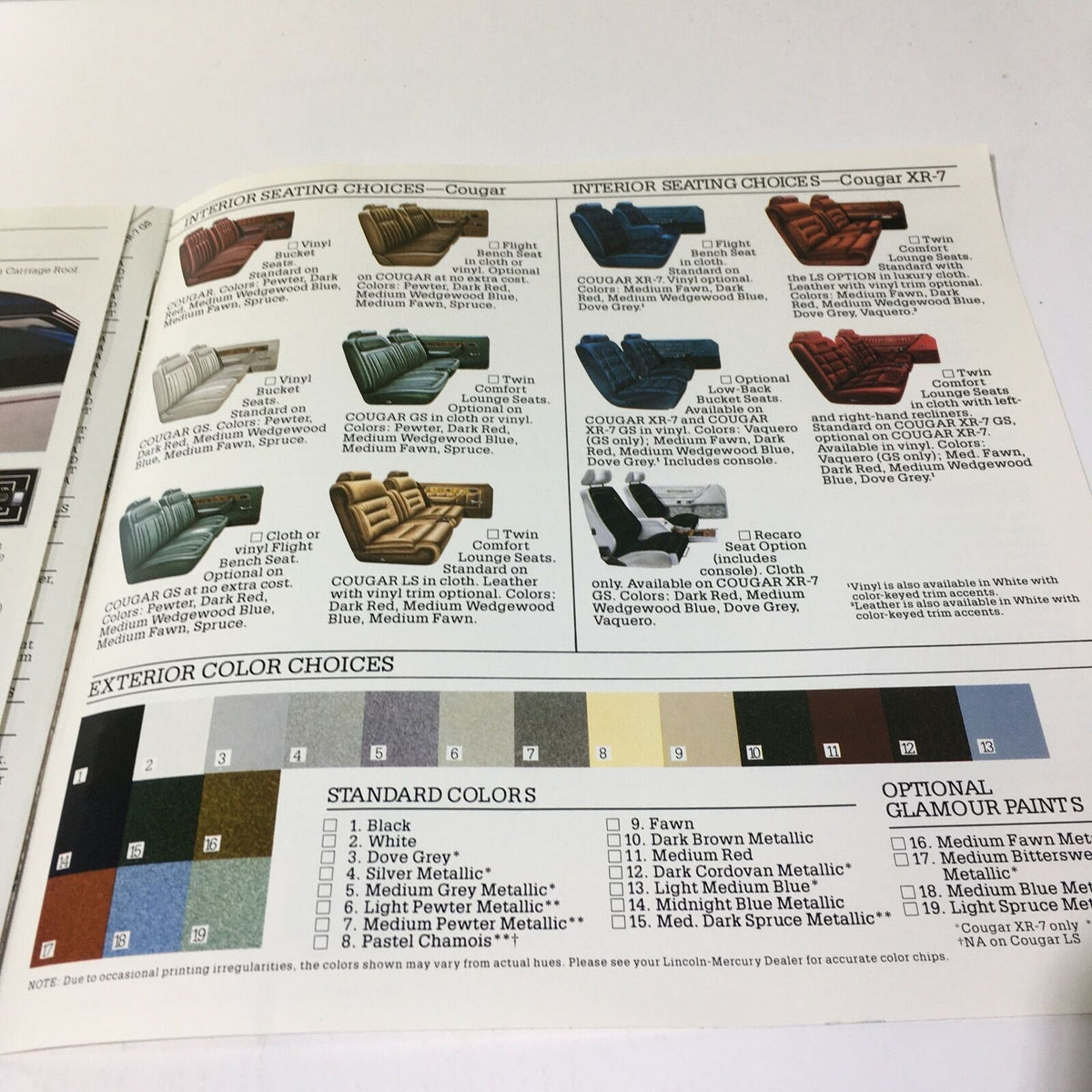Color choices for the interior and exterior of the 1981 Lincoln-Mercury Cougars XR-7 Inspired Sedan, detailed in the car sale brochure.