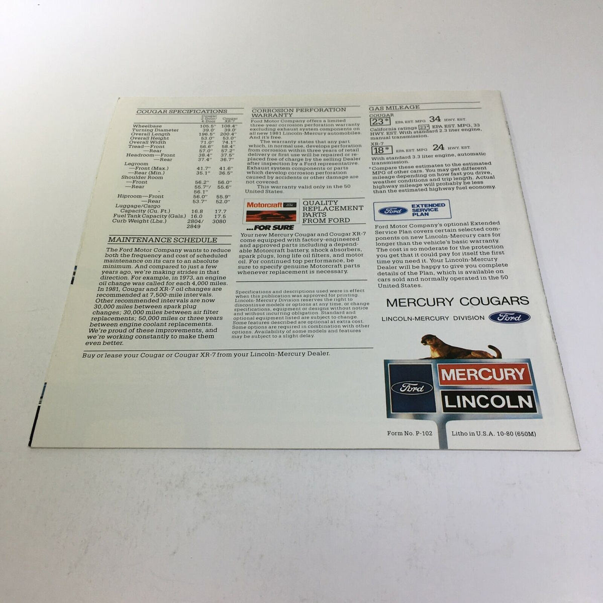 Back cover of the 1981 Lincoln-Mercury Cougars XR-7 Inspired Sedan brochure displaying specifications and maintenance details.