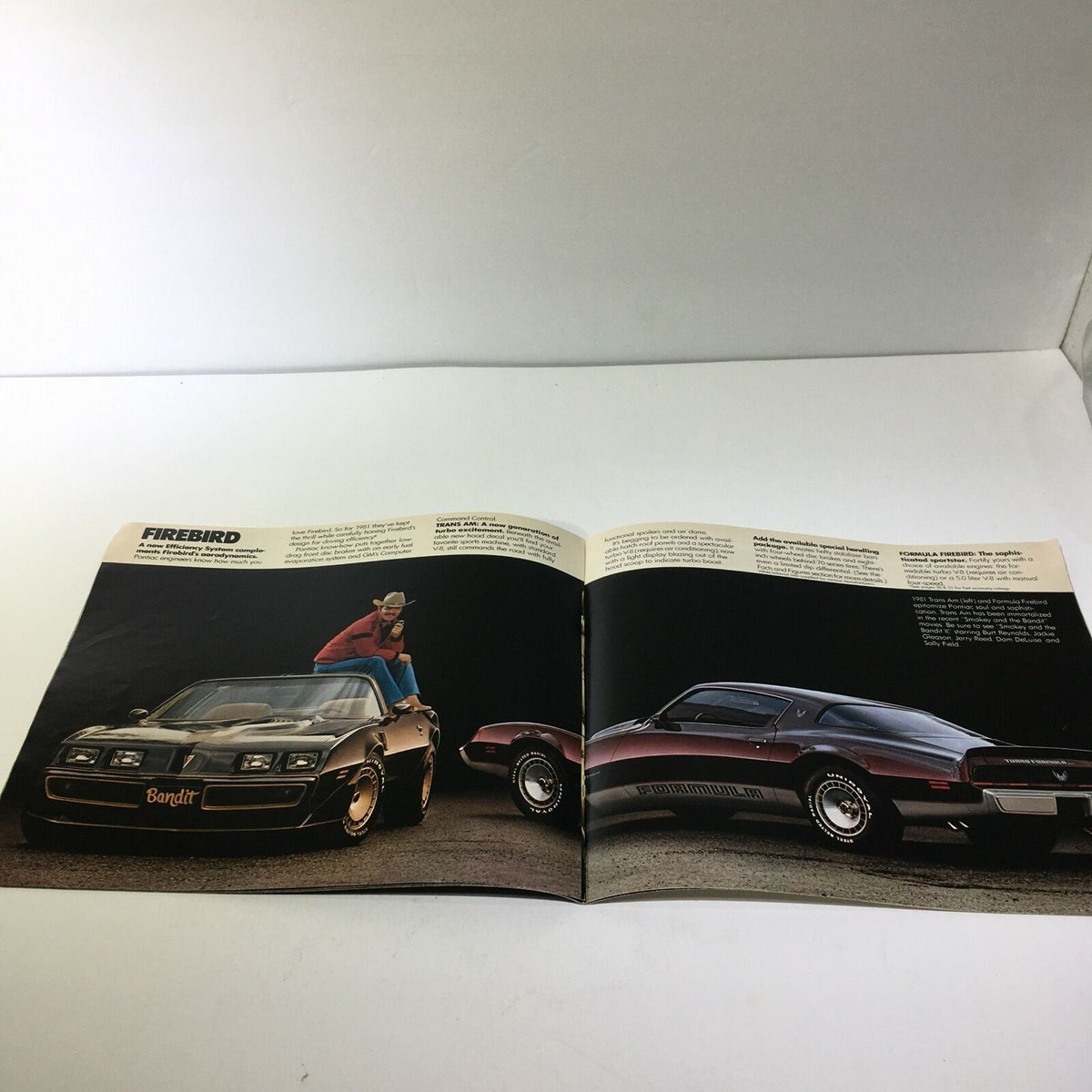 Exterior view of the 1981 Pontiac Firebird with a cowboy figure posing next to the car, featured in the 1981 Pontiac Sophisticated Firebird V-8 Engine 4-Speed Manual Car Sale Brochure.