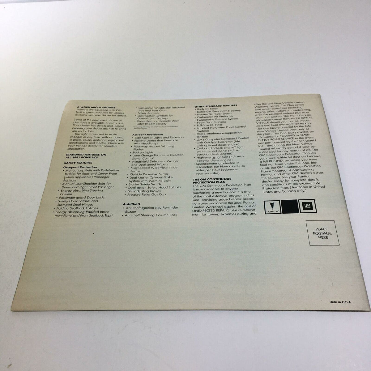 Back cover of the 1981 Pontiac Sophisticated Firebird V-8 Engine 4-Speed Manual Car Sale Brochure displaying additional specifications and features.
