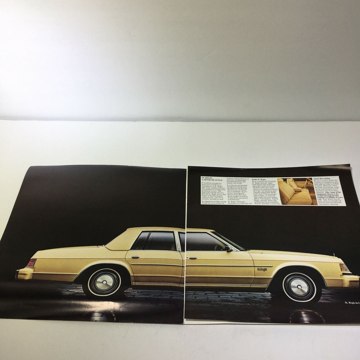 Interior view of the 1980 Dodge St. Regis brochure displaying detailed descriptions and images of the vehicle's seating and features, highlighting its luxury styling and comfortable design.