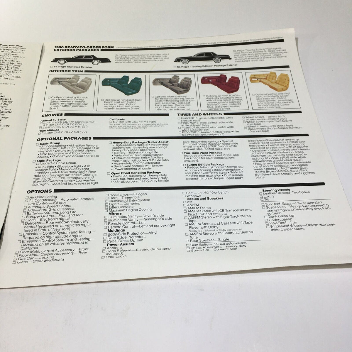 1980 Dodge St. Regis 225 Slant Six Standard V-8 Engine Options Car Brochure detailing interior options and engine specifications.