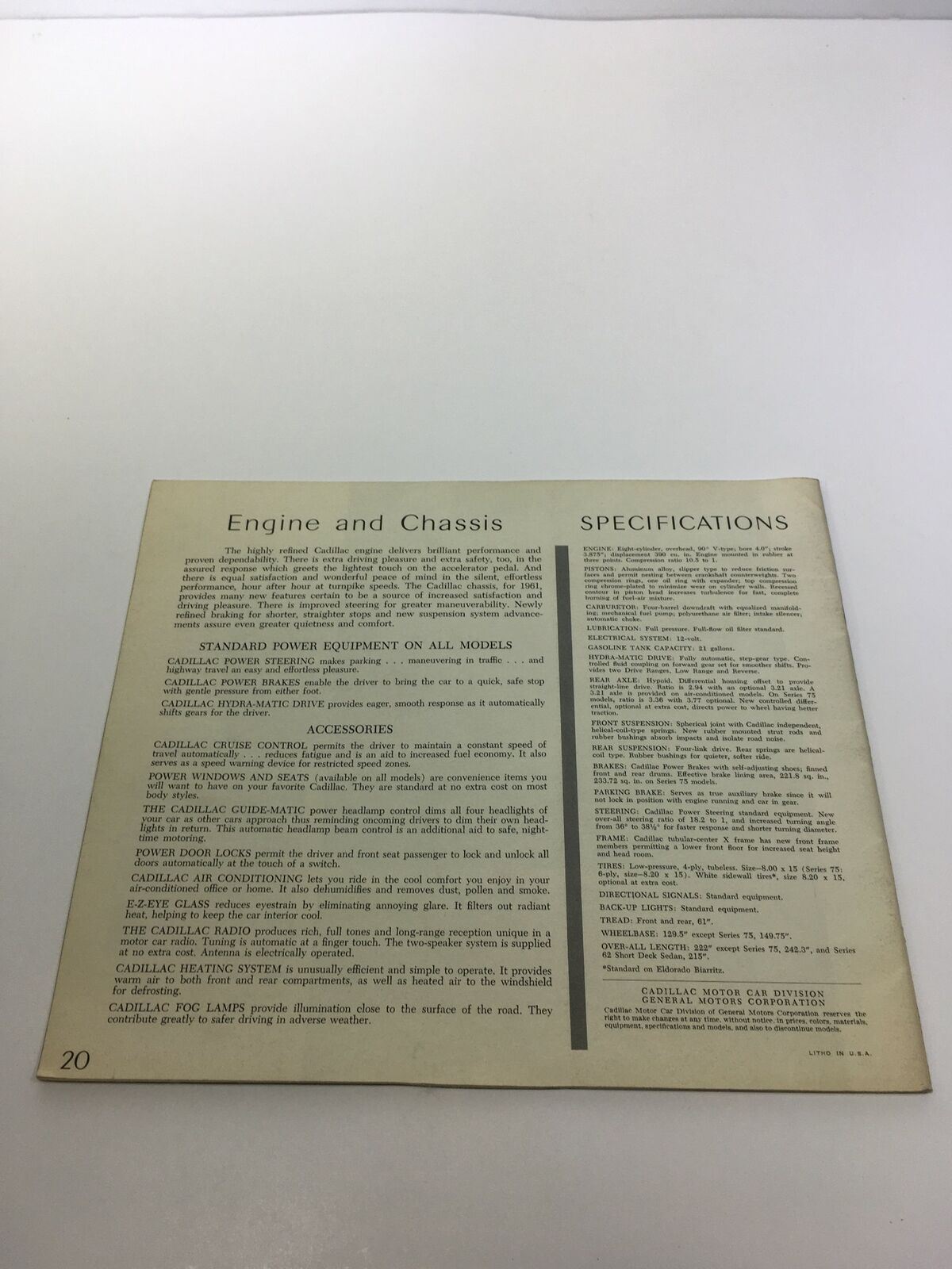 Specification details page from the 1961 Cadillac The Sixty-Two Coupe brochure, outlining engine and chassis performance.