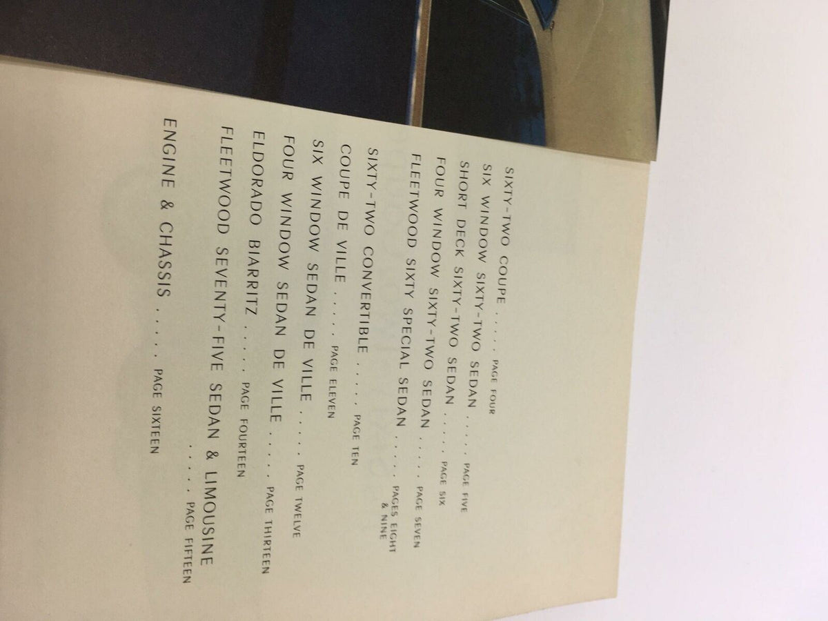 Index page of the 1961 Cadillac The Sixty-Two Coupe brochure, listing various models and sections.