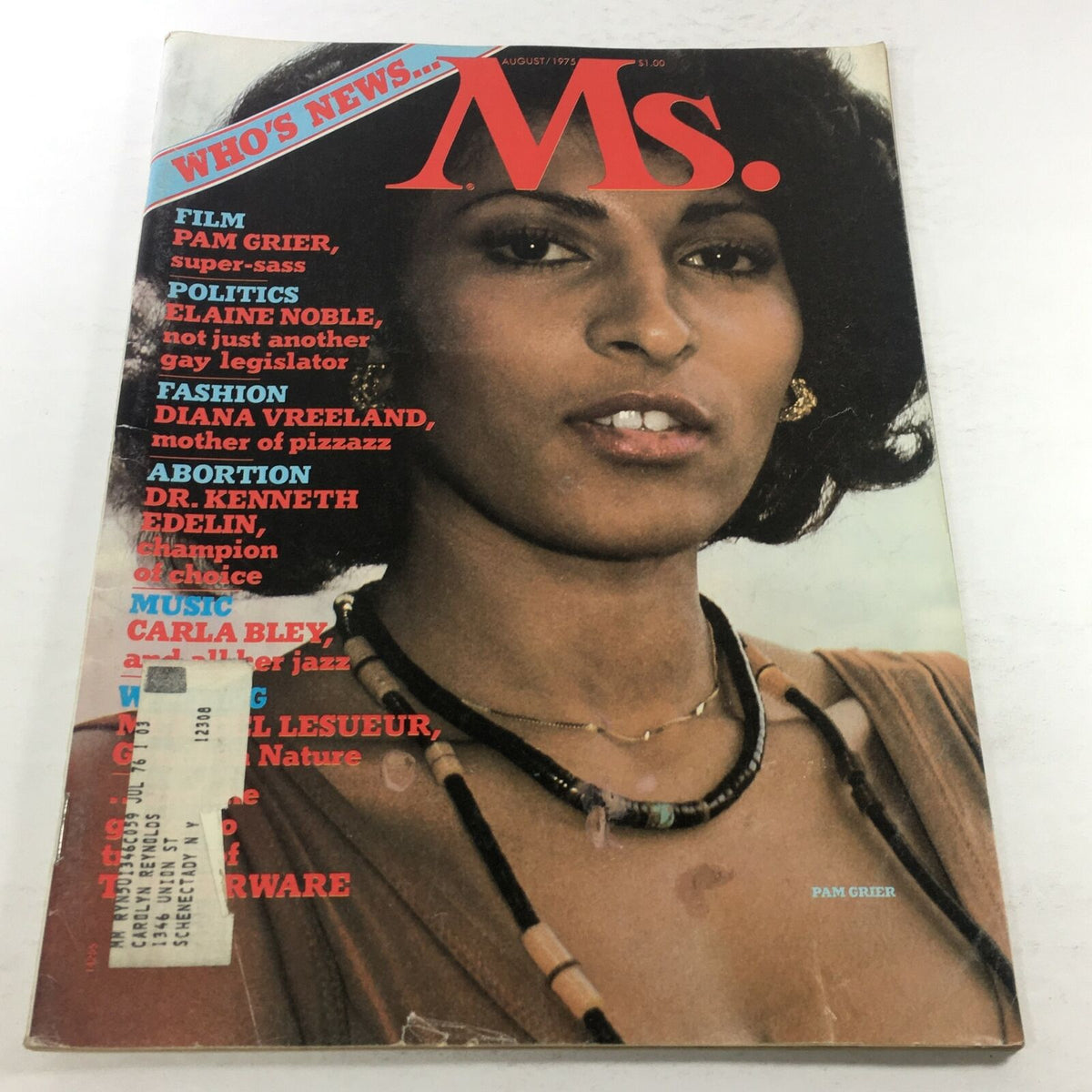 Cover of VTG MS. Magazine: August 1975 featuring Pam Grier, with headlines including fashion icon Diana Vreeland and jazz composer Carla Bley.