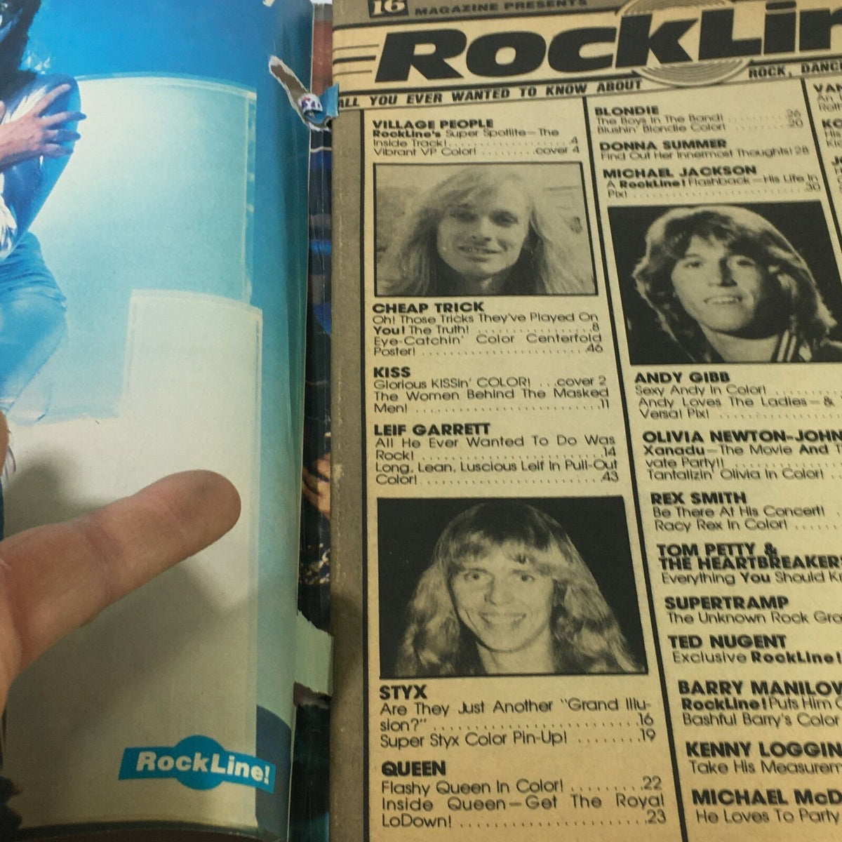 Rock Line Magazine: Fall/Winter 1980 display page featuring articles on Village People, Styx, Cheap Trick, Kiss, and Queen with vibrant visuals and engaging content.