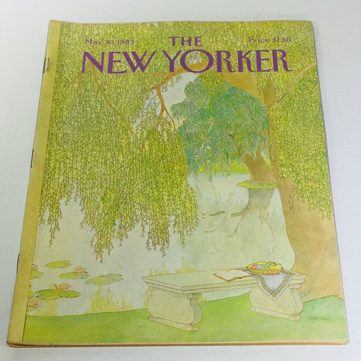 Cover of The New Yorker magazine from May 30, 1983, featuring an illustration by Jenni Oliver depicting a serene landscape with a weeping willow, a stone bench, and colorful flowers.