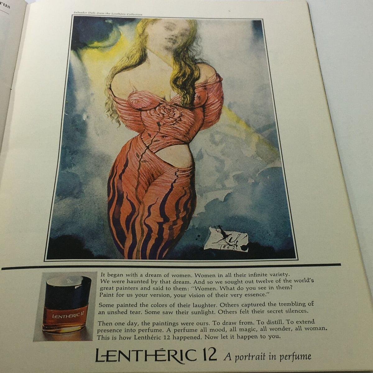Vintage advertisement for LENTHERIC 12 perfume showcasing an artistic illustration of a woman, related to the VTG Lincoln Center For Performing Arts Metropolitan Opera 1967 - 1968.