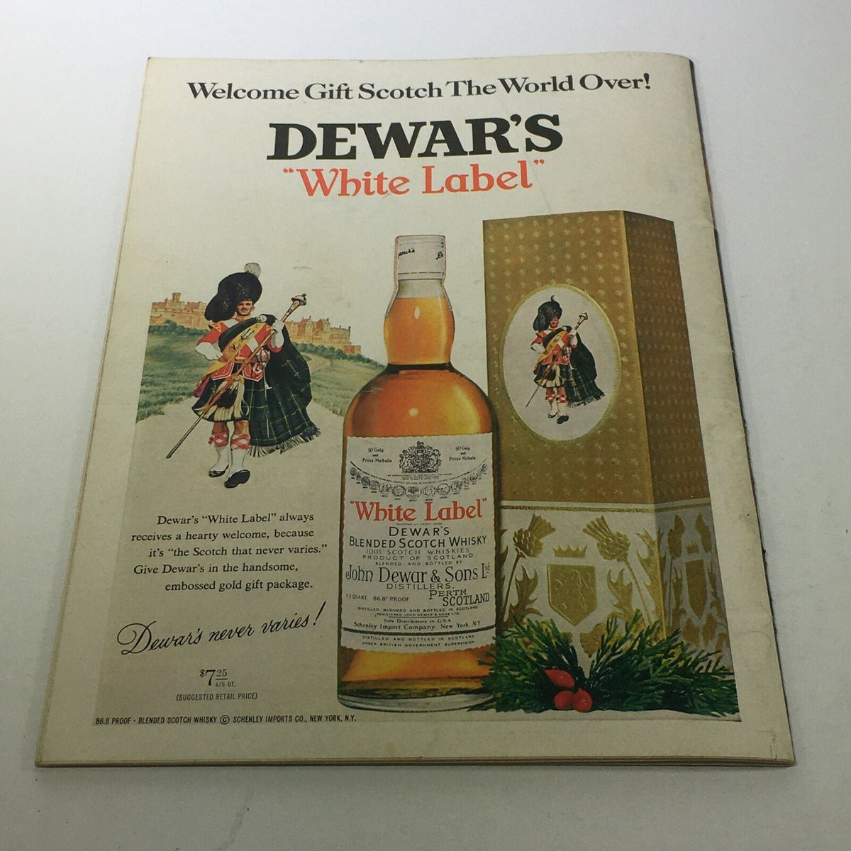 Dewar's White Label whisky advertisement featuring a bottle and packaging design, connected to the VTG Lincoln Center For Performing Arts Metropolitan Opera 1967 - 1968.