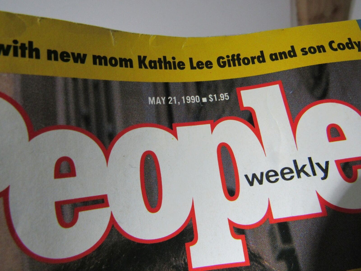 Close-up of the Vintage People Magazine title, dated May 21, 1990, highlighting headlines including 'with new mom Kathie Lee Gifford and son Cody' related to JFK Jr., America's uncrowned prince.