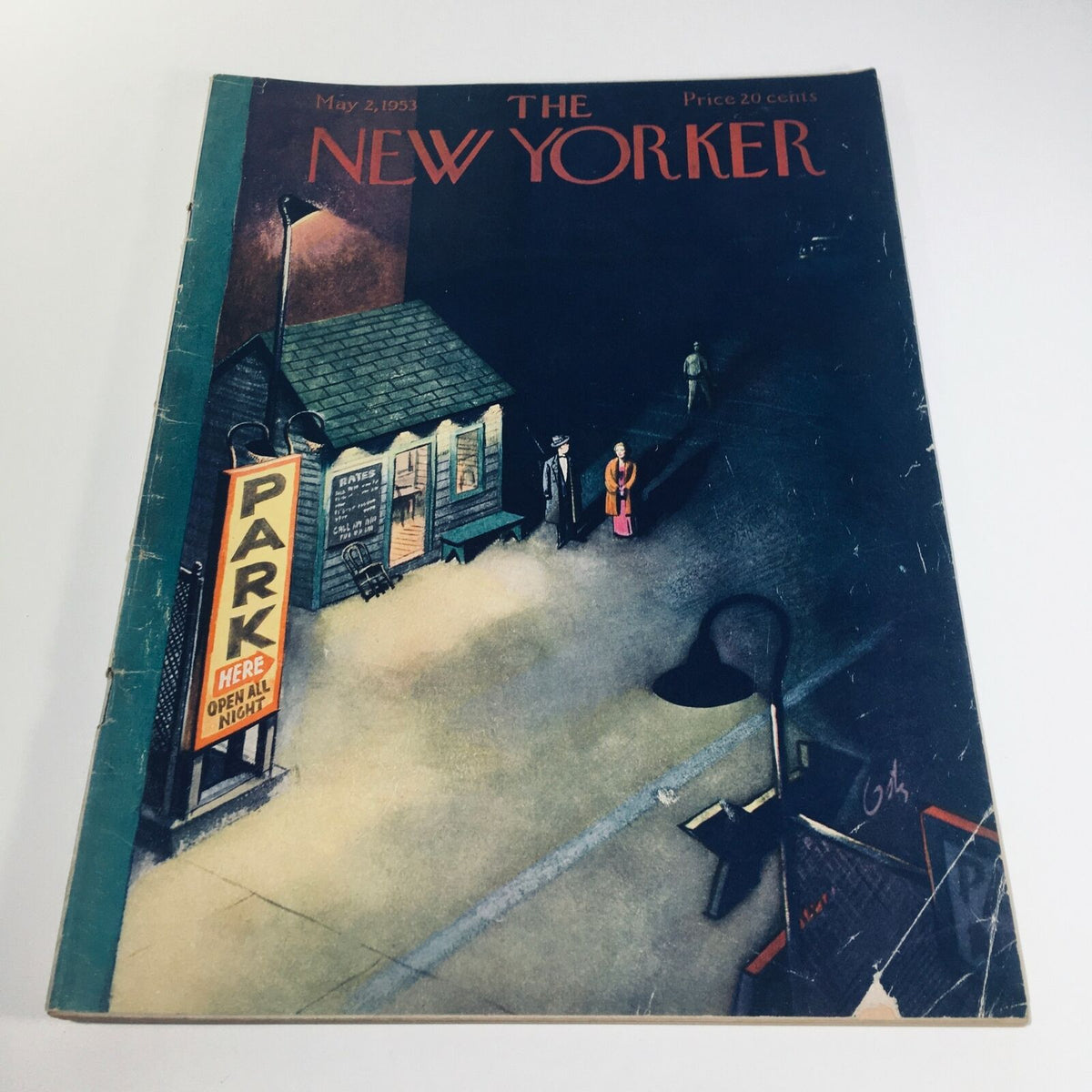 Cover of The New Yorker Magazine from May 2, 1953, featuring artwork by Arthur Getz, depicting a nighttime scene with a park sign and figures, showcasing mid-century American culture.