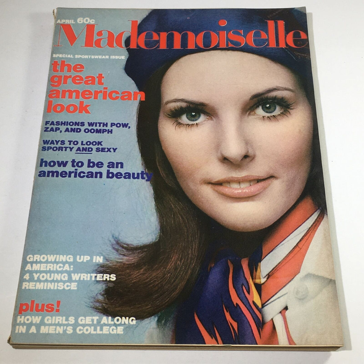 Cover of VTG Mademoiselle Magazine: April 1969 - Teen Fashion Special Sportswear Issue featuring a model with striking features and vibrant fashion.