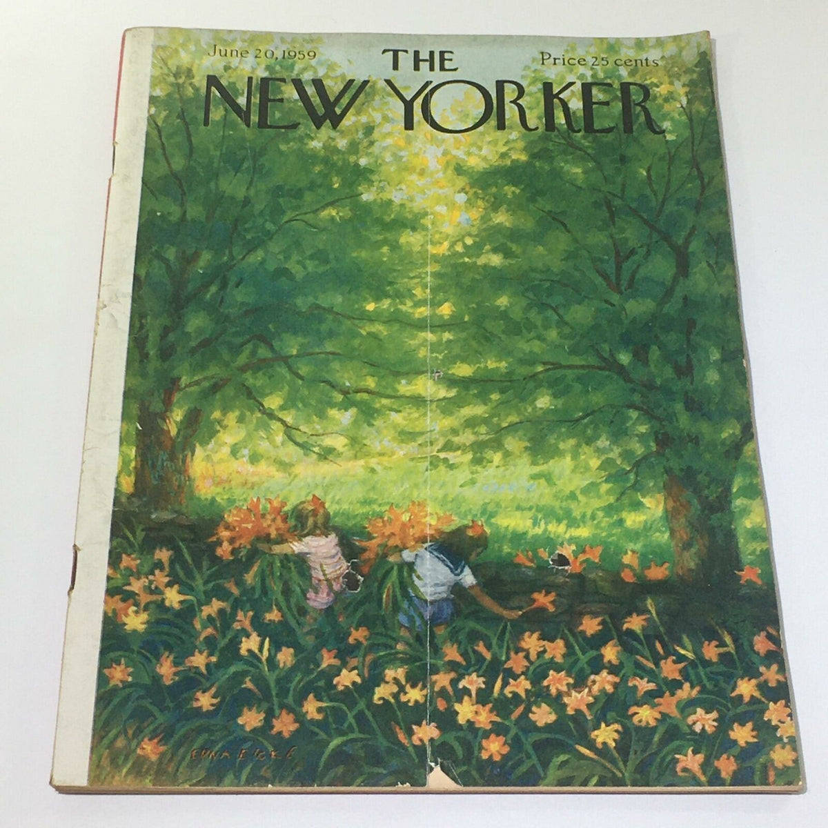 The New Yorker: June 20 1959 Full Magazine featuring a vibrant cover illustration by Edna Eicke, depicting two children among blooming flowers in a lush green setting.